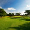 A view of hole #14 surrounded by bunkers at Ranchland Hills Golf Club