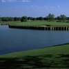 A view of a green surrounded by water at Tour 18 Dallas.