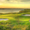 A sunset view of hole #13 at Moody Gardens Golf Course