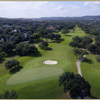 Aerial view of green #12 with narrow path on the right at Dominion Country Club